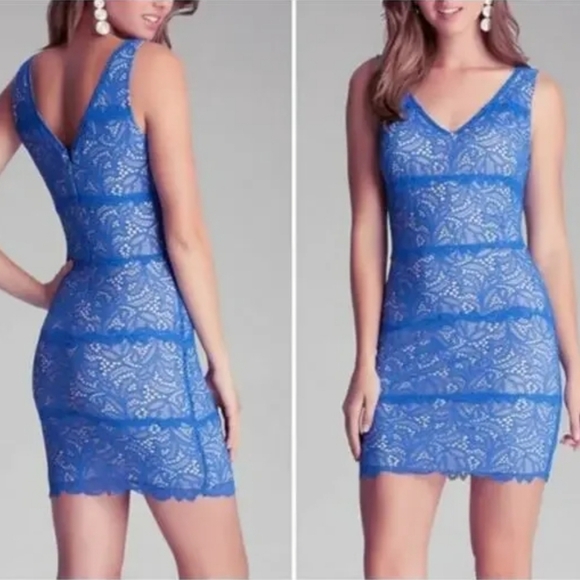 NEW BEBE Betsey V Neck Cobalt Blue Lace Nude Bodycon Stretch Mini Dress Small - Picture 1 of 4